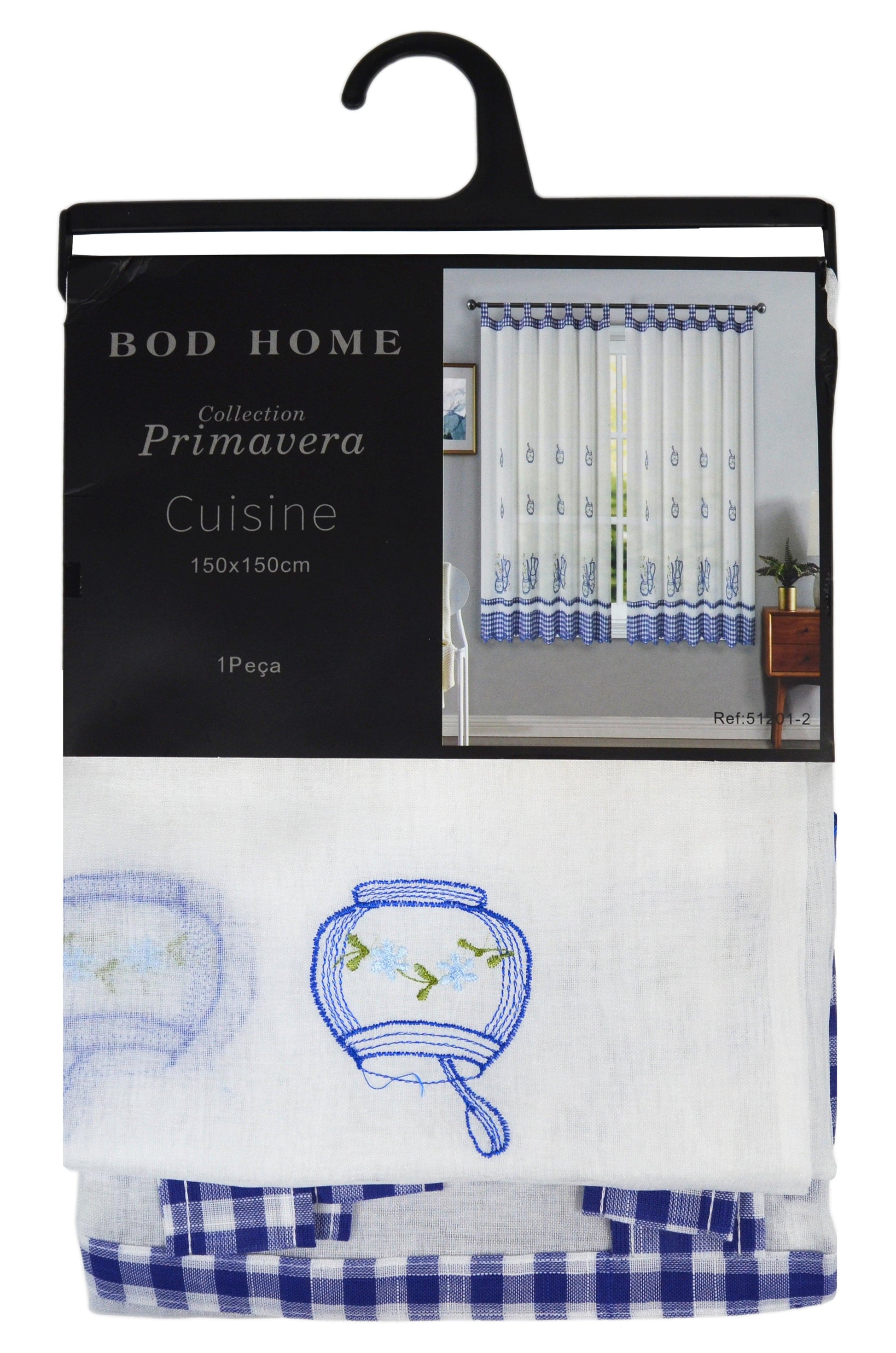 Cortinas De Cozinha Com Estampa Bordada Azul - BOD HOME