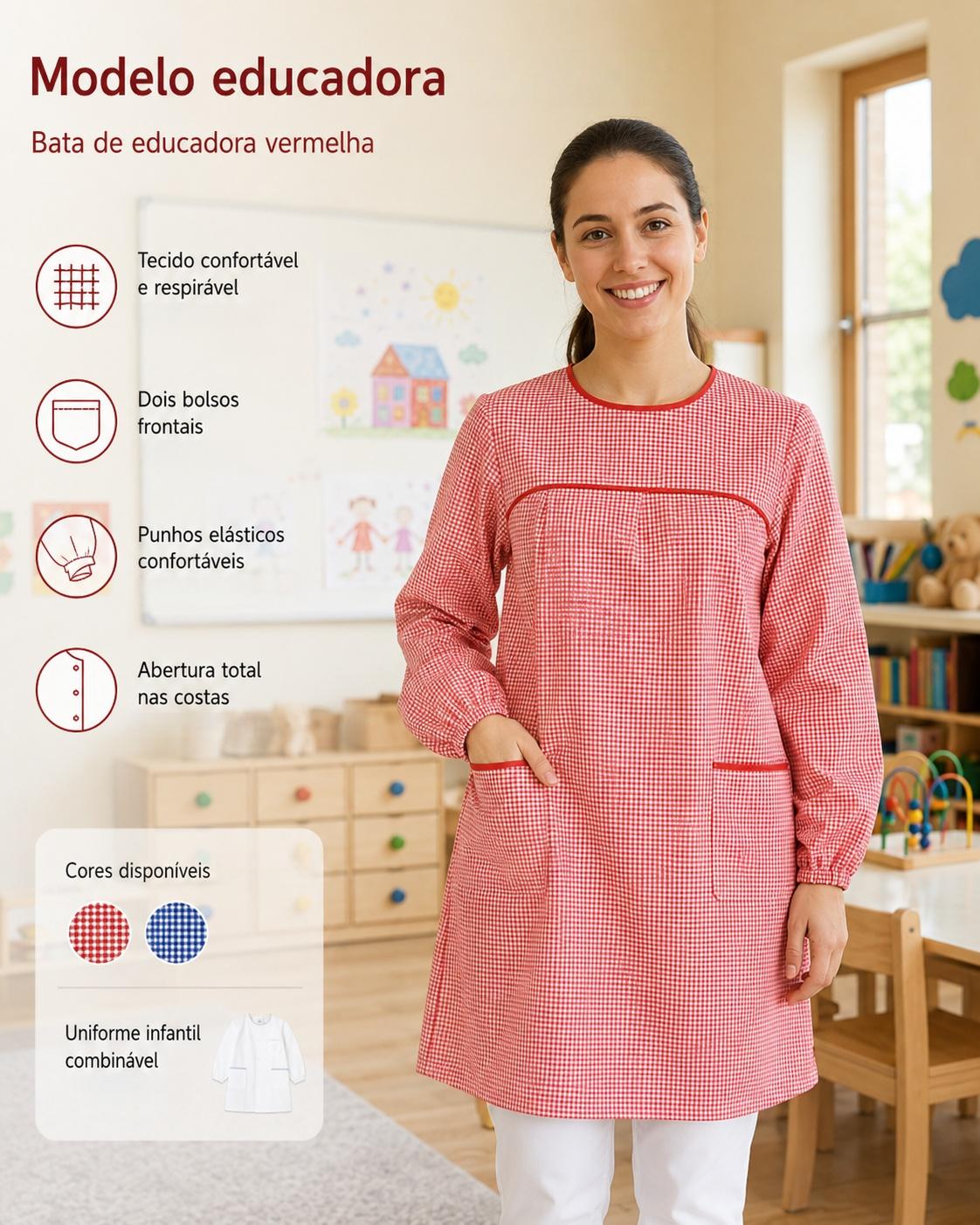 Bibe de educadora vermelho em xadrez fino para jardim de infância
