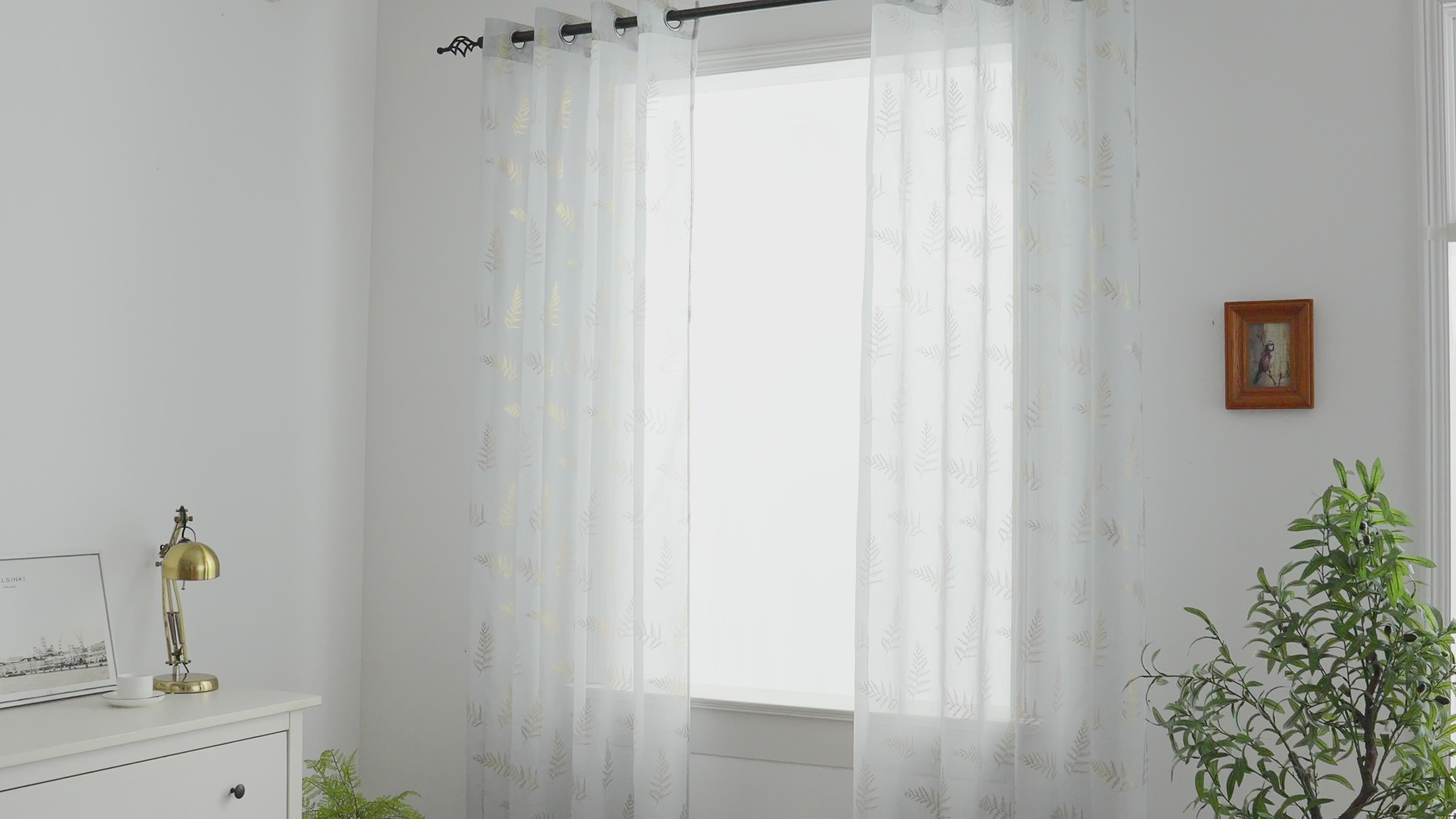 Cortina Estampada 3D Dourada Folhas Elegantes Azul 140x260CM-Individual